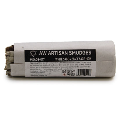 Roll of AW Artisan Smudges with white sage and black sage on a white background