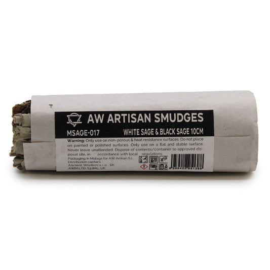 Roll of AW Artisan Smudges with white sage and black sage on a white background