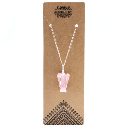 Necklace with a pink angel pendant on a brown card with 'Jewellery' branding.