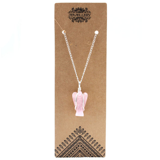 Necklace with a pink angel pendant on a brown card with 'Jewellery' branding.