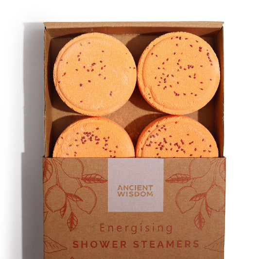 Box of Ancient Wisdom shower steamers with four orange circular products.