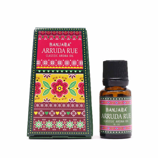 Banjara Arruda Rue aroma oil bottle and packaging on a white background