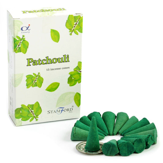 Box of Stamford Patchouli incense cones on a white background