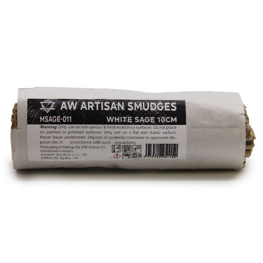 Rolled white sage smudge stick with label on a white background
