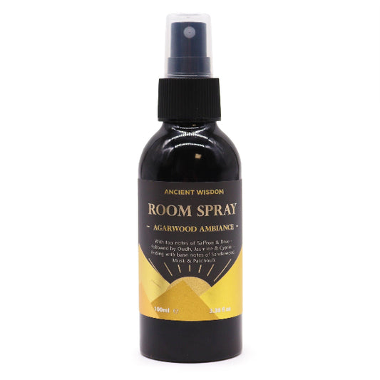 Room spray bottle with black and yellow label on a white background