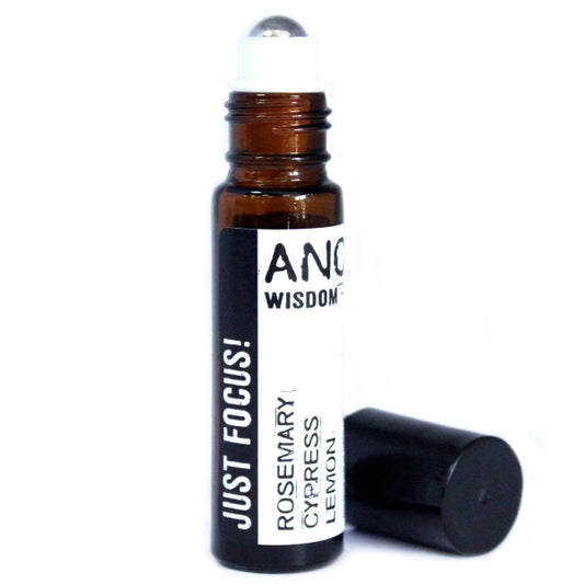 A small amber glass rollerball bottle with a black label on a white background