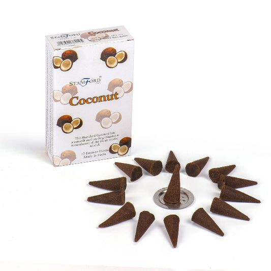 Stanford Coconut incense cones with packaging on a white background