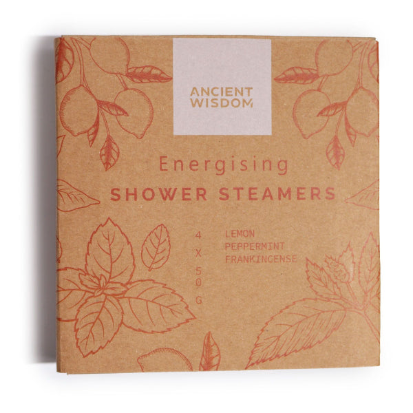Box of Ancient Wisdom Energising Shower Steamers with leaf designs on a white background