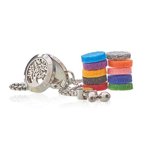 A silver diffuser necklace with colorful aromatherapy stones on a white background