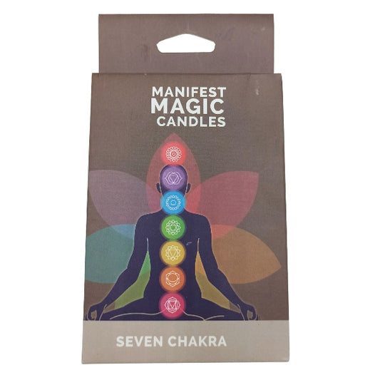 Box of 'Manifest Magic Candles Seven Chakra' with a silhouette of a person and seven colorful circles on a brown background.
