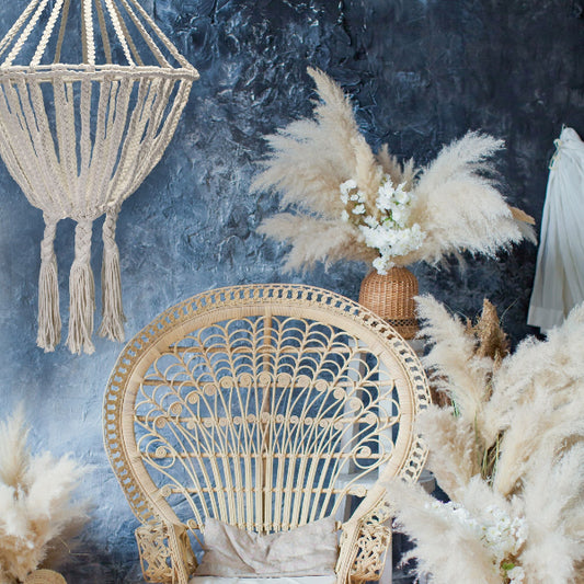 Decorative peacock chair with pampas grass and macrame hanging against a textured blue wall.