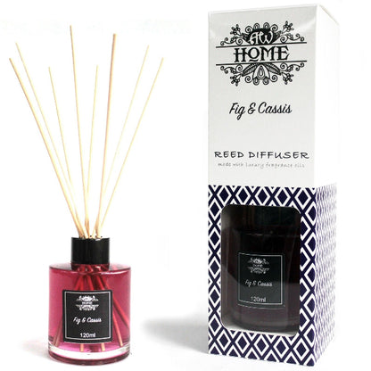 Reed diffuser with packaging labeled 'At Home Fig & Cassis' on a white background