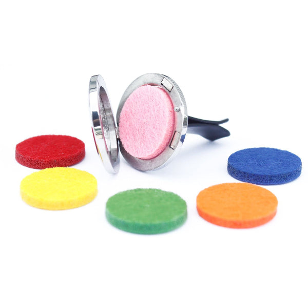 Car air freshener with colorful round refills on a white background