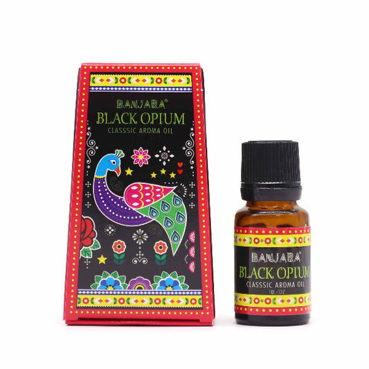 Banjara Black Opium aroma oil bottle and packaging on a white background
