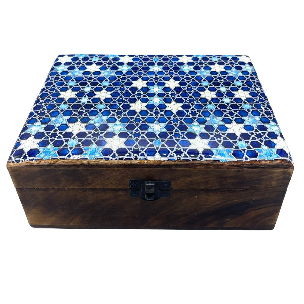 Wooden box with a blue mosaic lid on a white background
