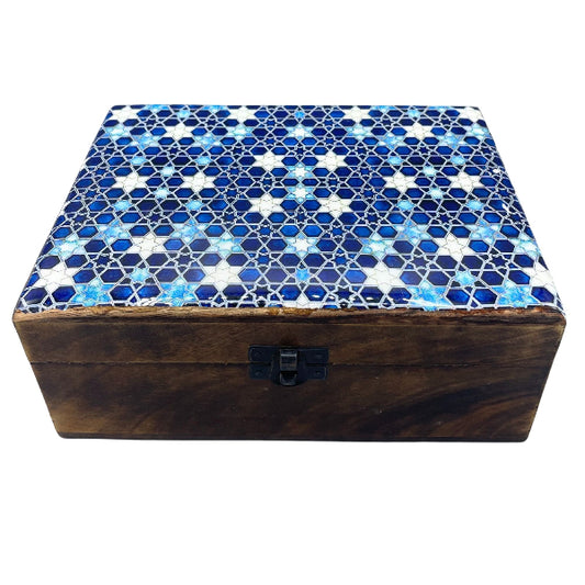Wooden box with a blue mosaic lid on a white background