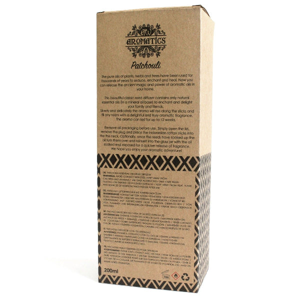 Box of Aromatics Patchouli essential oil with text and branding on a white background
