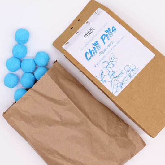 Box of 'Chill Pills' with blue balls on a white background