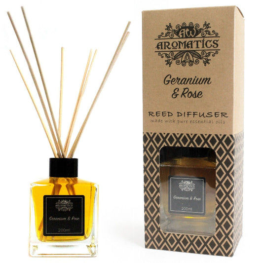 Reed diffuser with packaging labeled 'Aromatics Geranium & Rose' on a white background