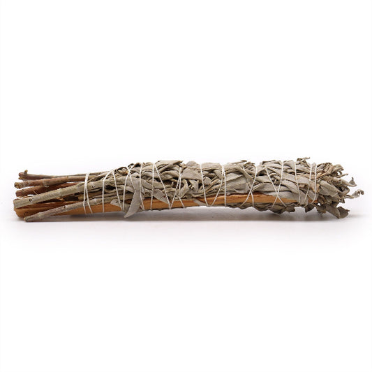Bundled sage sticks with white string on a white background