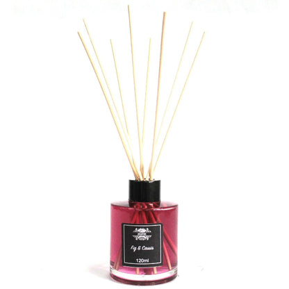 Reed diffuser with wooden sticks in a pink bottle on a white background