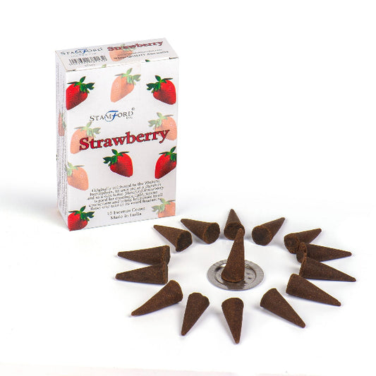 Strawberry-flavored incense cones with packaging on a white background