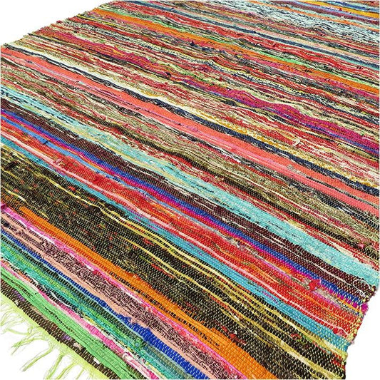 Multicolored woven mat with fringe on a white background
