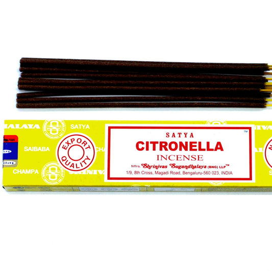 Satya Citronella incense sticks with packaging on a white background