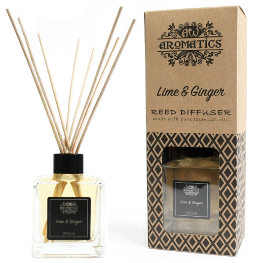 Reed diffuser with 'Lime & Ginger' fragrance next to its packaging on a white background