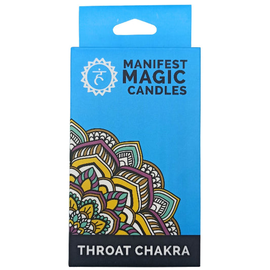 Manifest Magic Candles packaging for Throat Chakra with blue background and colorful design.