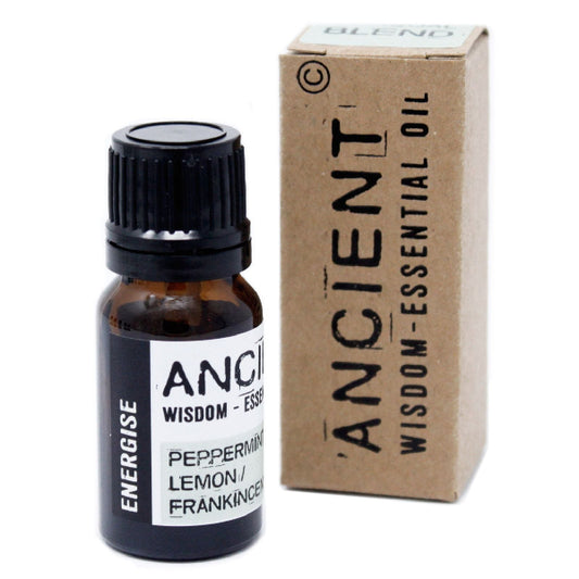 Essential oil bottle with black cap and label next to a cardboard box labeled 'Ancient Wisdom Essential Oil' on a white background.