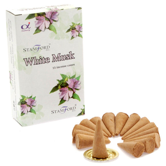 Stamford White Musk incense cones with packaging on a white background