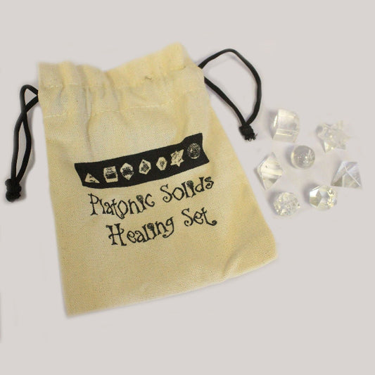 Platonic Solids Healing Set with drawstring bag on a light gray background