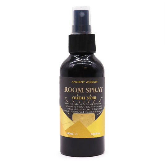 Room spray bottle labeled 'Oudh Noir' by Ancient Wisdom on a white background