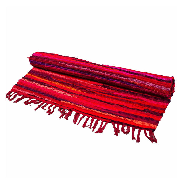Red and pink striped fabric with fringes on a white background