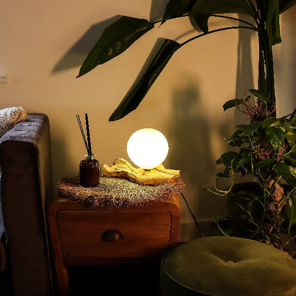 Nestled corner with a wooden side table, glowing lamp, and plants