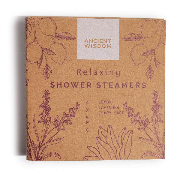 Box of Ancient Wisdom Relaxing Shower Steamers with botanical designs on a white background
