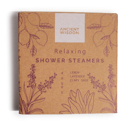 Box of Ancient Wisdom Relaxing Shower Steamers with botanical designs on a white background