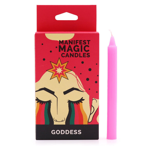 Manifest Magic Candles packaging with a pink candle on a white background