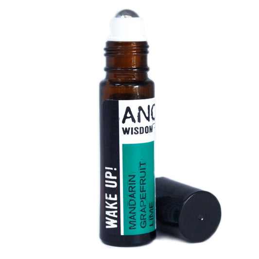 Roll-on bottle with a white cap and black label on a white background