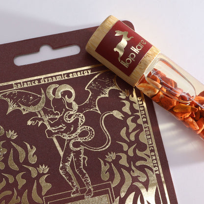 Packaged product with a decorative label featuring a dragon design on a white background