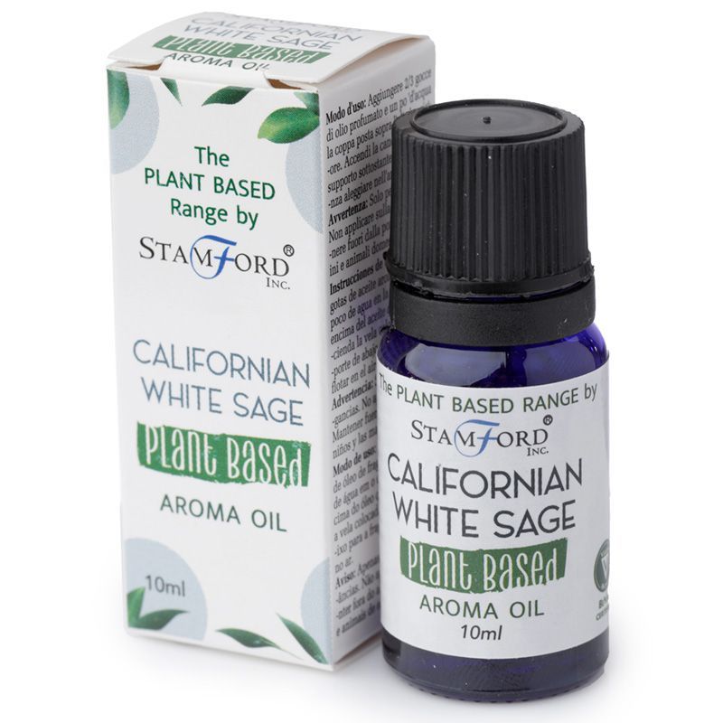 Bottle and box of Californian White Sage aroma oil by Stamford on a white background