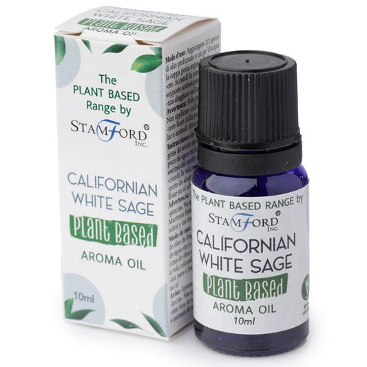 Bottle and box of Californian White Sage aroma oil by Stamford on a white background