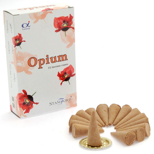 Opium incense cones with packaging on a white background
