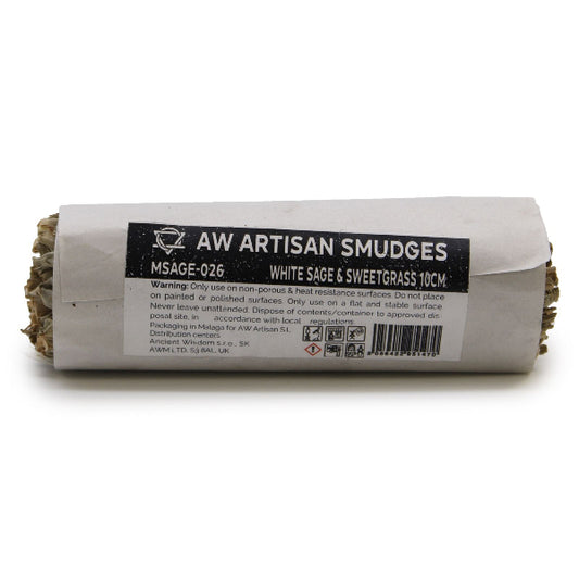 Rolled white sage and sweetgrass smudge stick with label on a white background