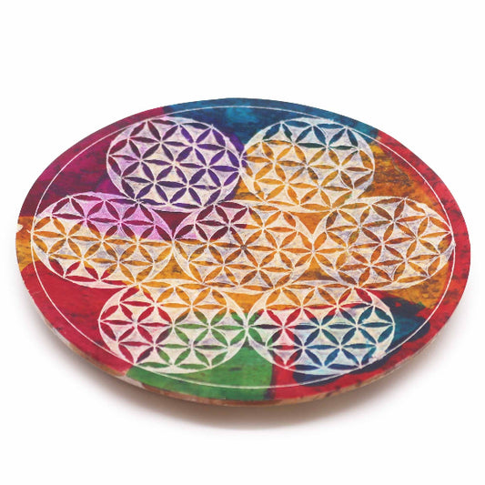 Colorful circular object with geometric patterns on a white background
