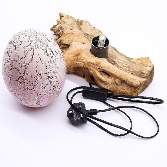 Decorative egg with cracked texture, wooden block, and black cable on a white background