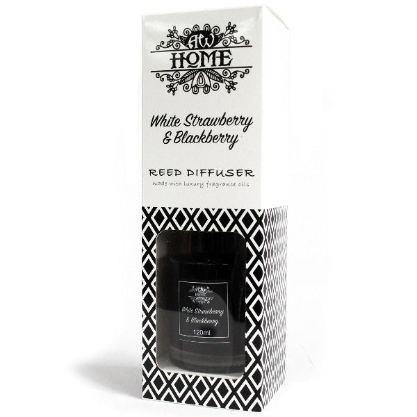 Reed diffuser packaging with black and white design on a white background