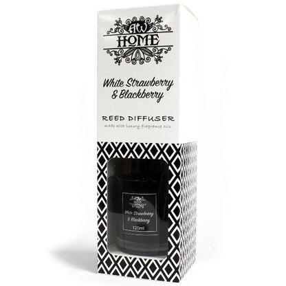 Reed diffuser packaging with black and white design on a white background