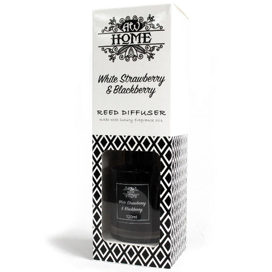 Reed diffuser packaging with black and white design on a white background